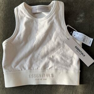 ESSENTIALS Cream Ribbed Logo Cropped Tank